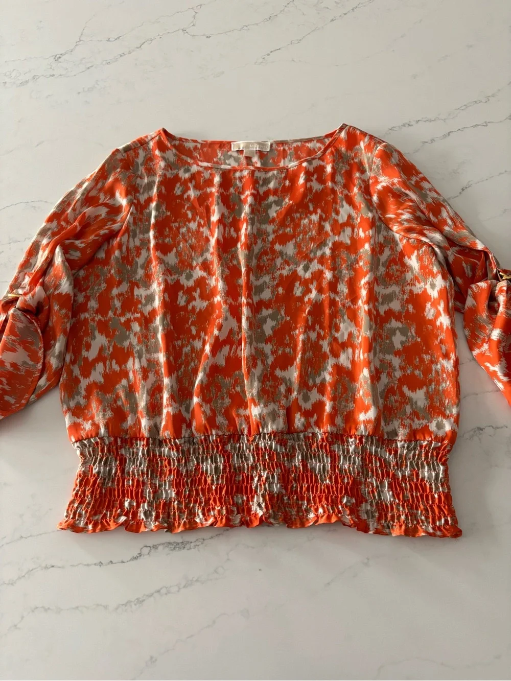 Michael Kors Orange Patterned Long-Sleeve Smocked Blouse